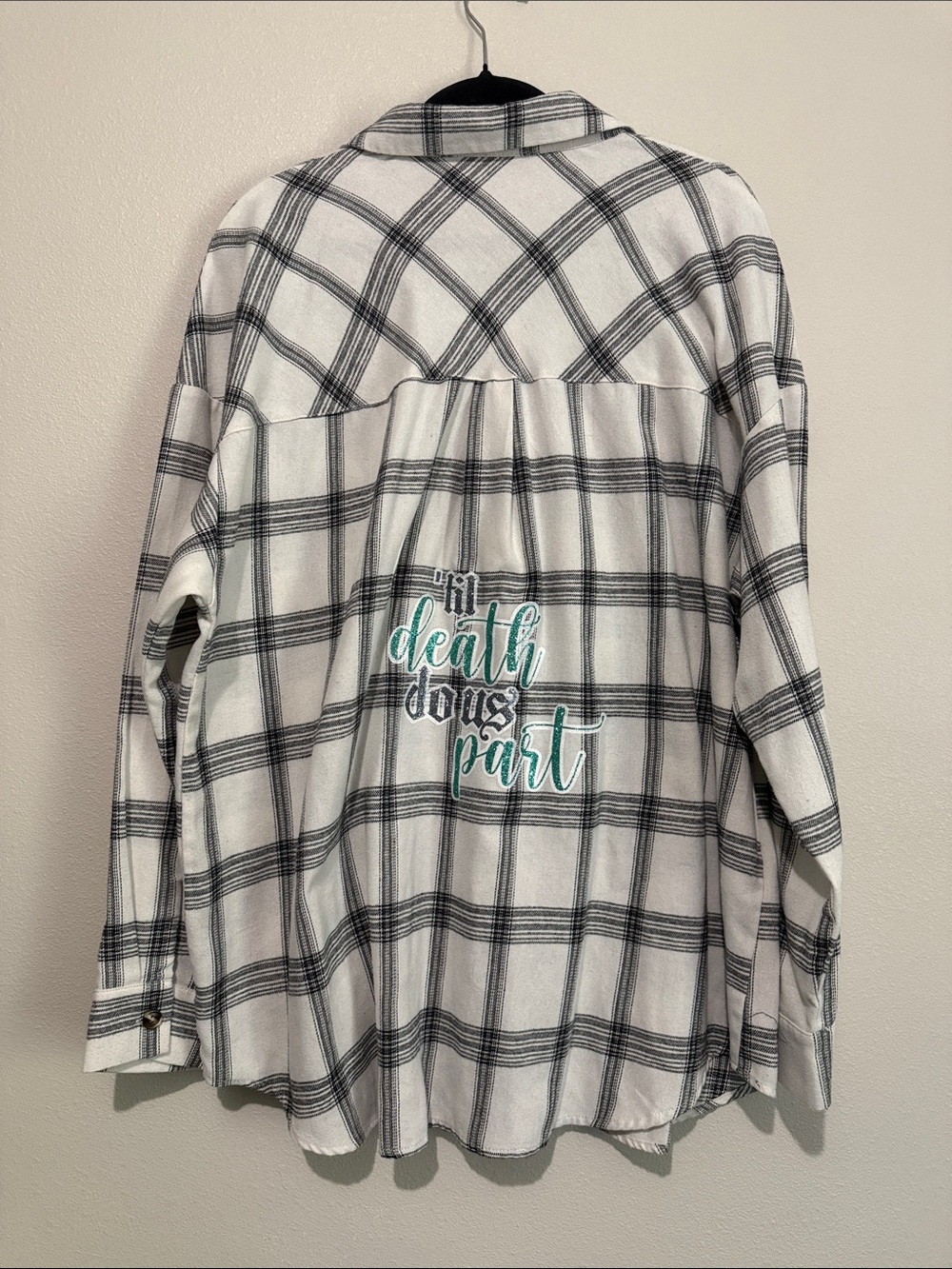 Women's White & Black Plaid Button-Up Bride Shirt with “Till death do us part” - Picture 4 of 6